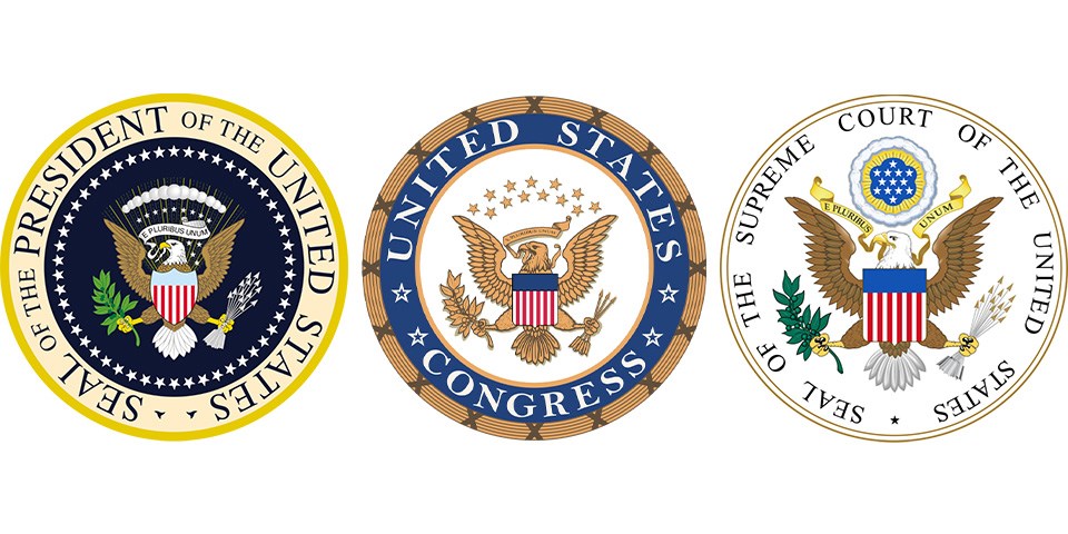 The three great seals of the President, Congress, and the Supreme Court.