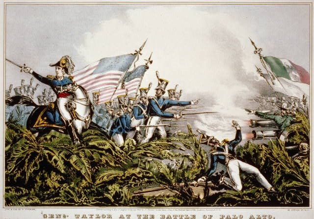 Grant with fellow United States of America soldiers in battle against the Mexican Army on the opposite end of the field.
