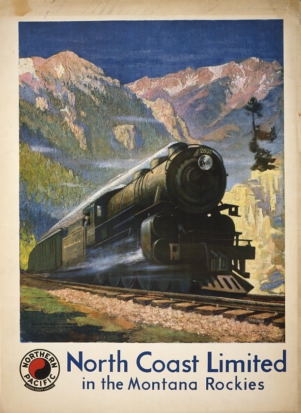 Travel poster with a train going through mountains. Travel poster with a train going through mountains.