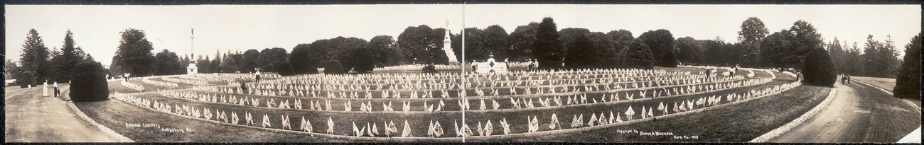 Panorama of Gettysburg National Cemetery Panorama of cemetery with rows of burials and small flags curving outward from a tall monument