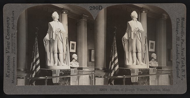 Stereograph of the General Joseph Warren marble statue in the Bunker Hill Lodge, 1931.
