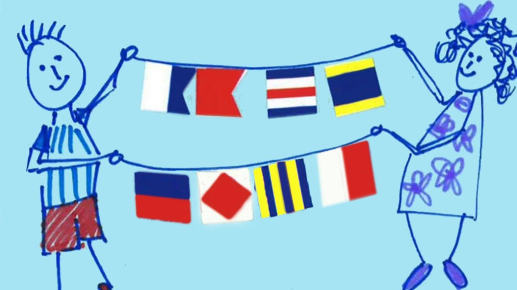 signal flag code Stick figure sketches of a short haired person wearing red shorts on left and a long curly haired person in flower dress on right. The people are holding two ropes spanning between them. Each rope has four different signal flags.
