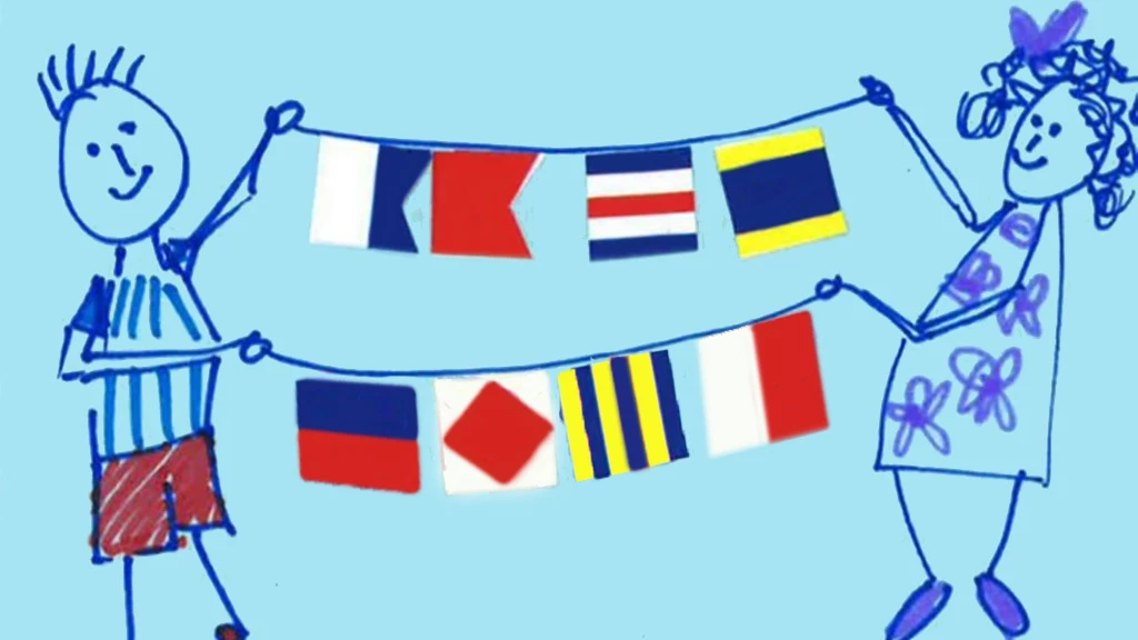 signal flag code Stick figure sketches of a short haired person wearing red shorts on left and a long curly haired person in flower dress on right. The people are holding two ropes spanning between them. Each rope has four different signal flags.