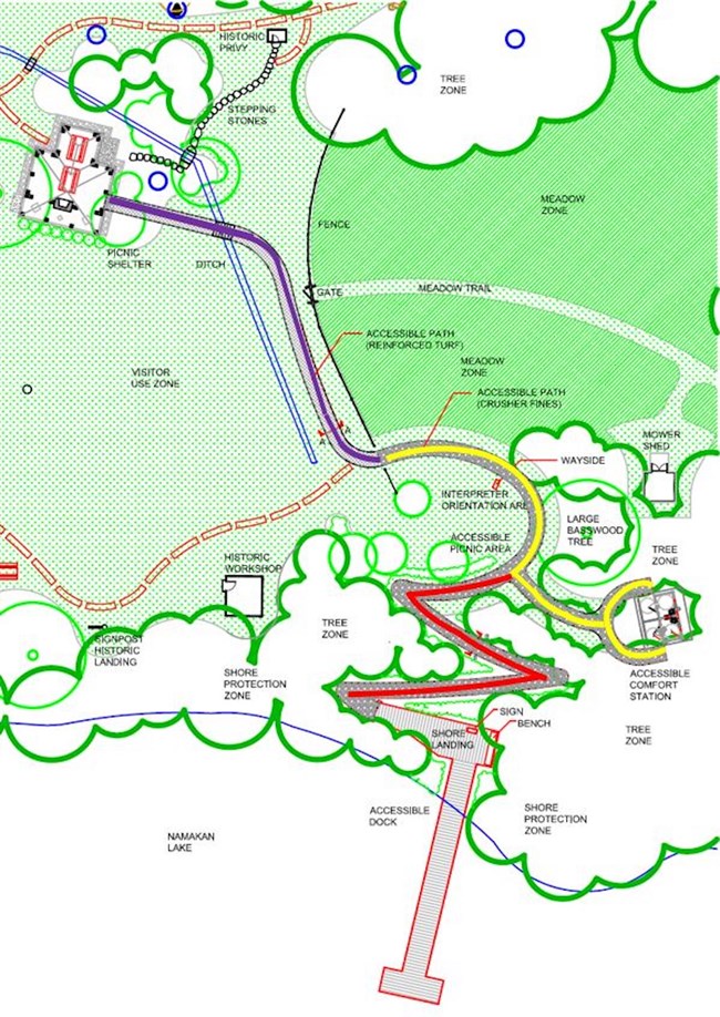 Section of the Accessible Path Plan, Ellsworth Rock Gardens, with color added to show path through the lawn (purple), comfort station path (yellow) and switchback path from dock (red).