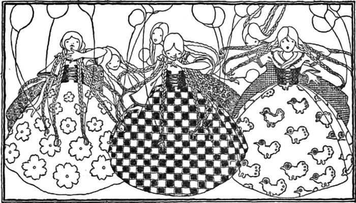 Six Girls with Balloons black and white sketch of six girls in dresses with balloons attached to long hair braids.