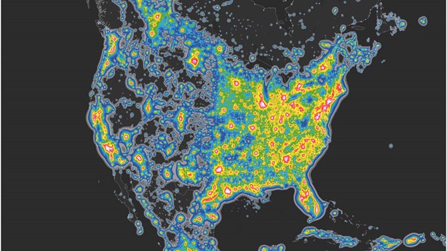 The New World Atlas of Artificial Sky Brightness 2016 A map of the Untied States with colors indicating light pollution from cities.