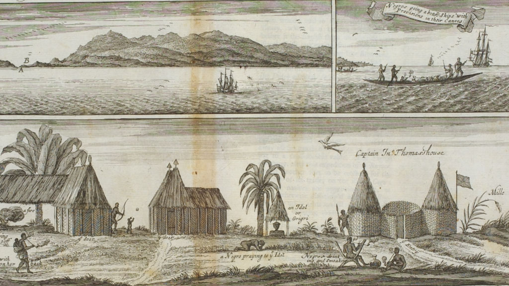 Image of black and white print with three vignettes. Top left show a mountainous shoreline with a sailing ship approaching. Top right depict presumably the same ship with African men in a canoe rowing toward it. The entire bottom panel shows a small village with huts and palm trees as villagers go about daily work or sit smoking.