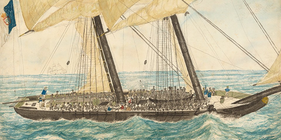 Slave Ship Diligente Painting of an aerial view of enslaved people packed on a ship.