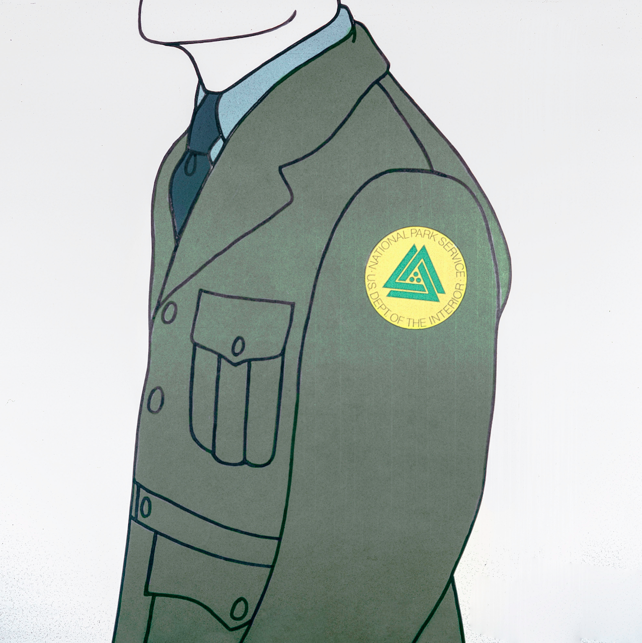 Color drawing featuring a round yellow patch on a green uniform sleeve