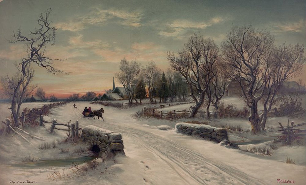 "Christmas Morn" Horse drawn sleigh dashes through a snow covered landscape