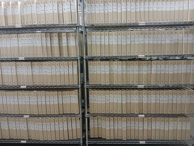 Slides in storage Labeled boxes of slides on shelves