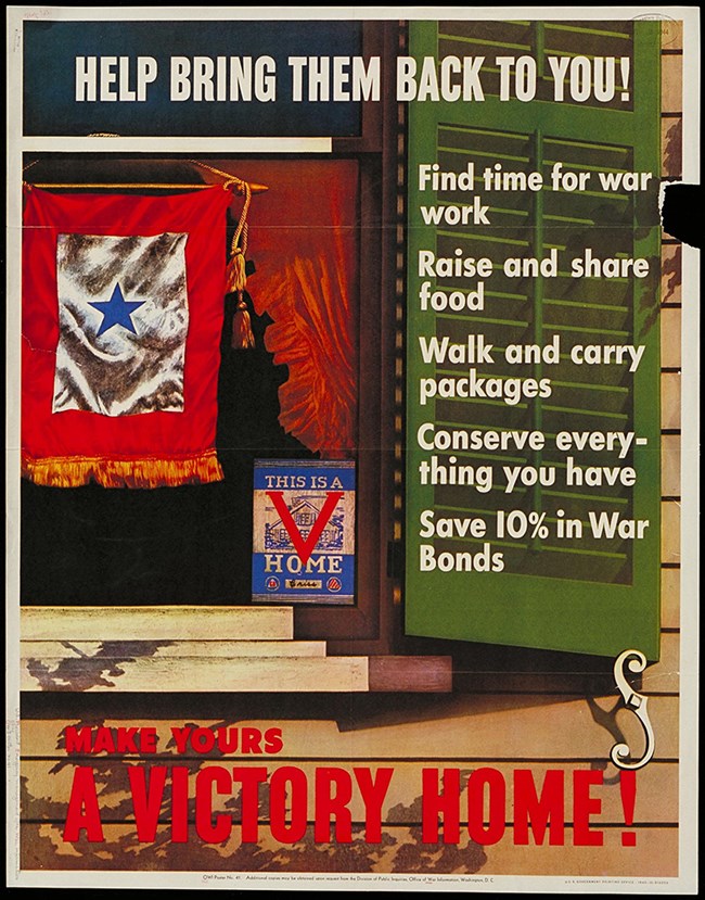 Color illustration of a house window with green shutters. A blue star service flag hangs in the window, and a sticker proclaims “This is a V Home.” Lists ways to support the war including raise and share food, war work, buy war bonds.