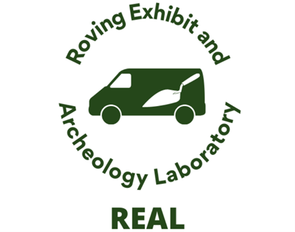 A green cartoon van with a trowel on the side is surrounded by the words Roving Exhibit and Archeological Laboratory