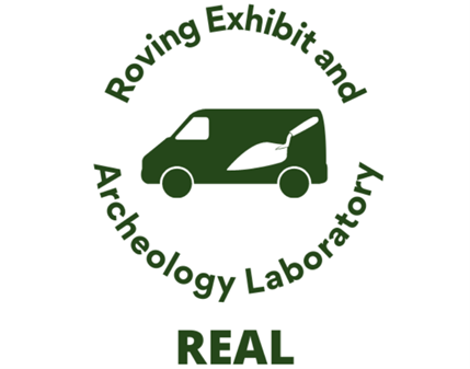 R.E.A.L A green cartoon van with a trowel on the side is surrounded by the words Roving Exhibit and Archeological Laboratory