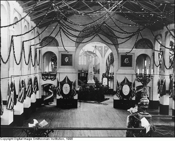 smithsonianinauguralball inside the Smithsonian with streams and flags decorating the room