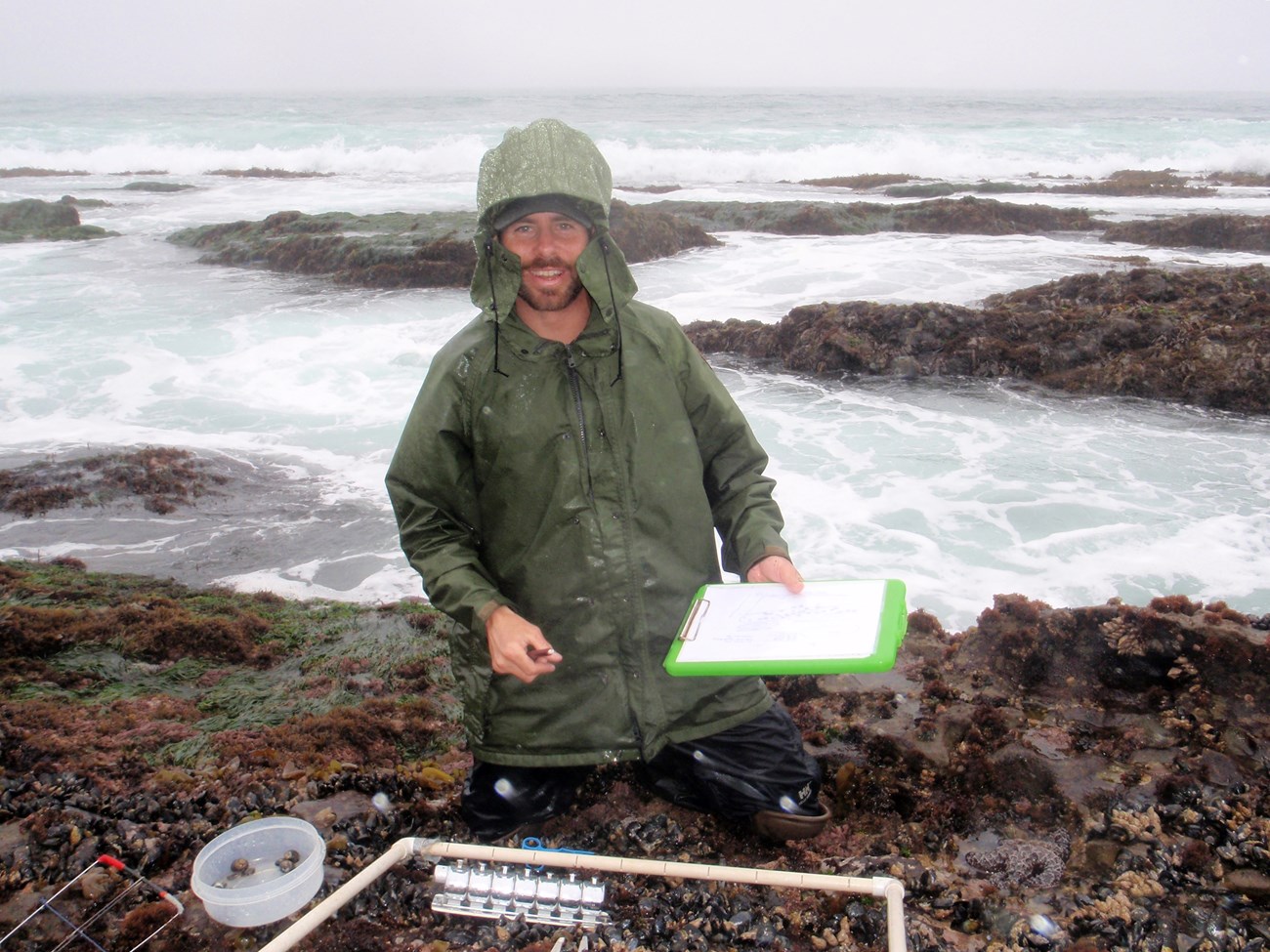 Steve in rain gear, holding a clipboard in front of a rocky intertidal plot as the ocean churns right behind him.