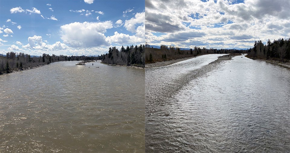Snake River at Moose, Wyoming, in May and October of 2021 The Snake River in May (left) and October (right) of 2021. The river is lower in October.