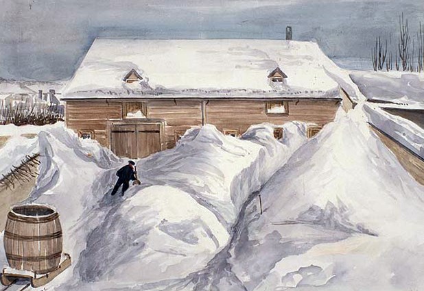 Painting of snow piled up outside a wood building.
