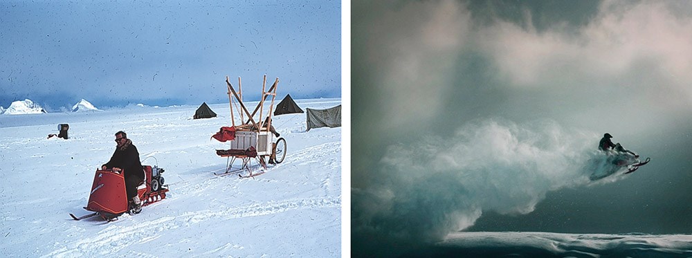 snowmachines_web Side-by-side images of pre-1980 snowmachine and modern snowmachine.
