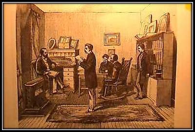 Snuggery drawing from Frank Leslie’s Illustrated Newspaper. There are 5 men in suits either standing or sitting in the room
