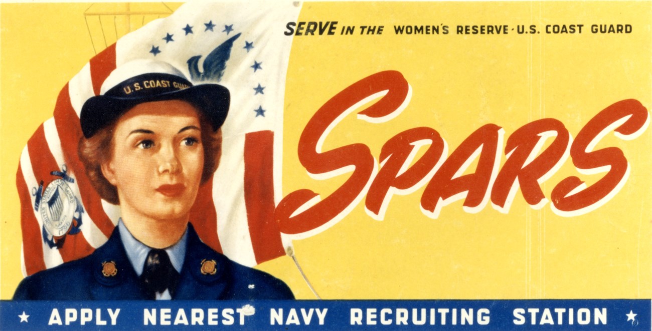 An illustrated poster with a white woman in military uniform against a red, white, and blue flag and yellow background. Text reads in part: “SPARS: Apply Nearest Navy Recruiting Station.”