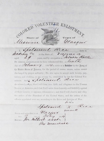 Civil War enlistment paper with the signature of Spottswood Rice affixed to the document.