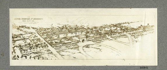 Stanford University black and white sketch of detailed college campus