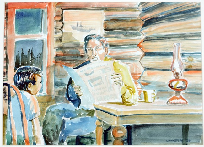 A watercolor painting of a man sitting at a table, reading a paper. A boy is also seated at the table in front of an open window showing the night sky.