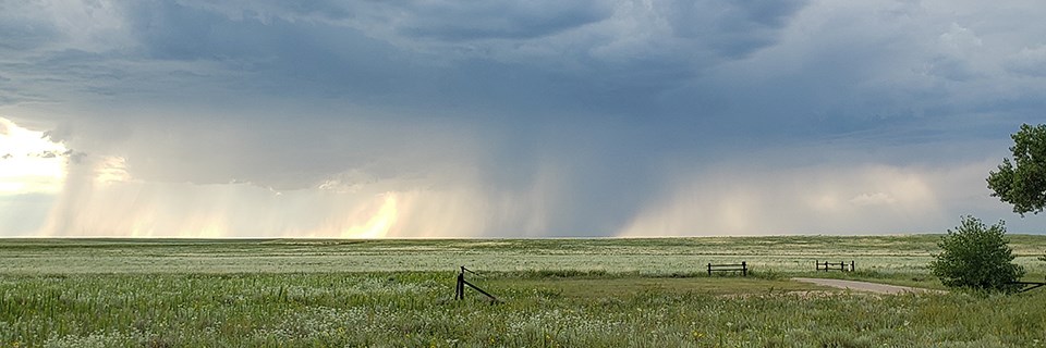 Storm at Sand Creek Rain falling under dark clouds beyond the horizon of the open plains.