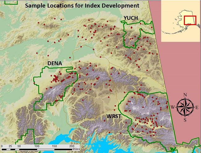 A map showing three parks in Alaska and locations of stream sites that can be used for index sites.