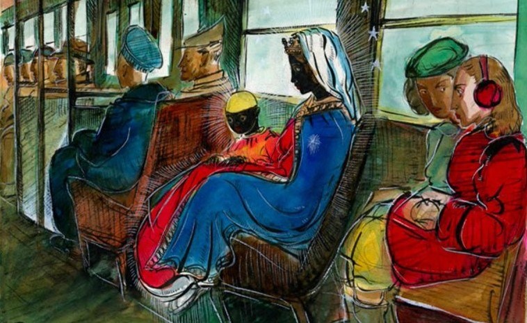 Painting of individuals sitting in a street car with the focus on Madonna and child figures.
