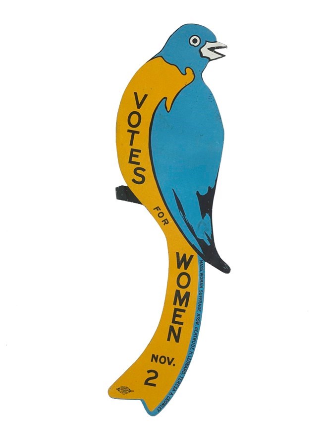 suffrage-bluebird Depiction of a Bluebird. On its stomach is written "Votes for Women. November 2nd."
