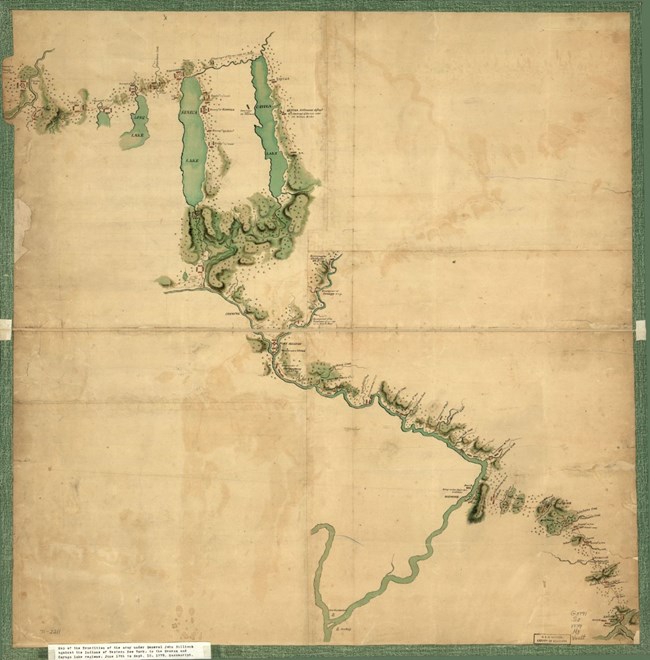 An old map with rivers and two larger lakes at the centerpoint.