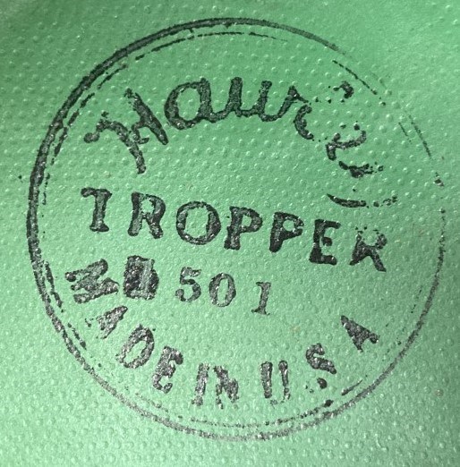 Stamp on a green background that reads Hawley Tropper 1501 Made in USA