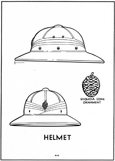 Tan pith helmet with a silver Sequoia cone on the front of it.