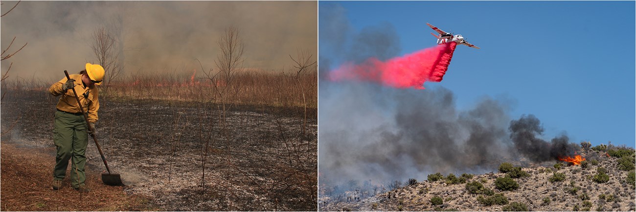 Two images juxtapositioned: Left - a firefighter using a handtool with a rubber flapper to quell small flames; right - aircraft dropping red retardant on desert vegetation.
