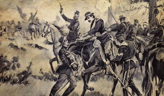 Battle of Piedmont, SVBF Historic depiction of battle scene featuring men on horses. In foreground, one horse butts head into standing man while its rider raises pistol skyward. Clamor of battle action to right and in rear.