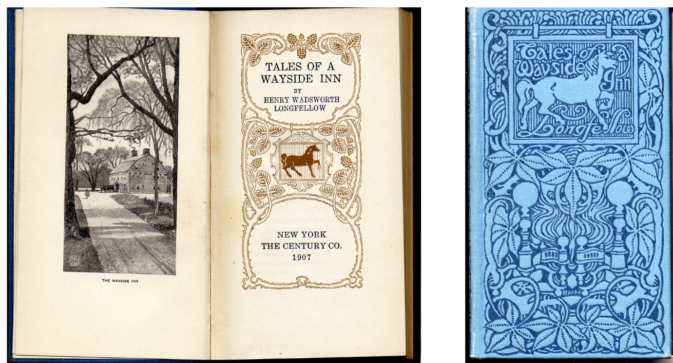 Blue book cover and spread of title page with illustration of a horse and the Wayside Inn.