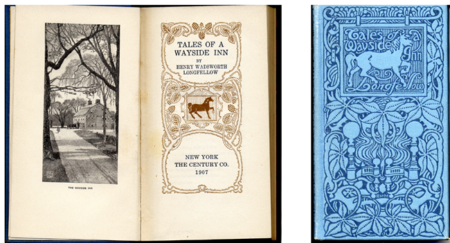 Tales of the Wayside Inn Blue book cover and spread of title page with illustration of a horse and the Wayside Inn.