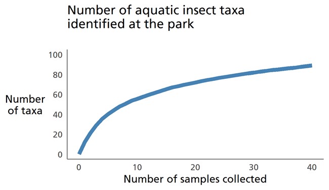 Blue line graph showing that few new taxa are being identified with the collection of additional benthic macroinvertebrate samples.