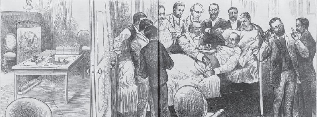 a black and white illustration of President Garfield on his deathbed