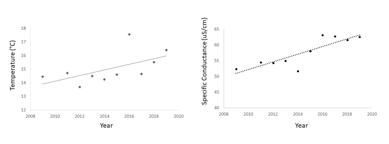 temp and conductance Two graphs showing specific conductance and temperature has increased since 2008 in a lake in Kobuk Valley National Park