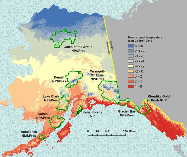 A map showing temperature means for the state of Alaska.