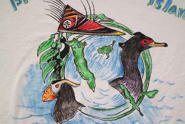 Drawing of islands in the Bering Sea with seabirds and traditional native headdress.