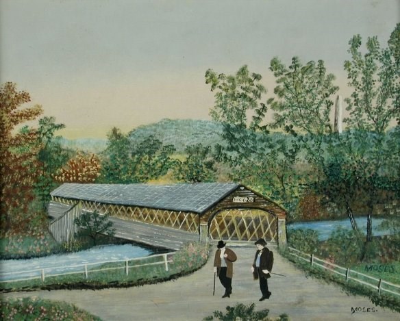 the-old-hoosick-bridge-by-grandma-moses painting of two gentleman with walking canes with a bridge in the background