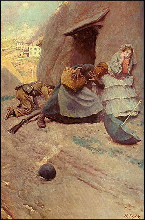 Howard Pyle's "The Shell" A painting of two terrified women and a soldier dodging a burning cannonball.