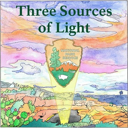 colorful drawing depicting rocky mountains, with a light shining on the national park service arrowhead and a title that says 'three sources of light'