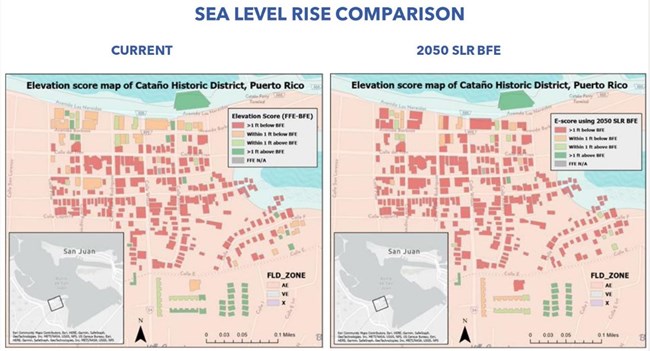 Side-by-side maps of Cataño, Puerto Rico. The buildings are represented by rectangles and squares in green, orange and red. The colors represent the level of sea rise. One map is from 2022 and the other is 2050.