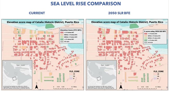 thumbnail_Catano Sea Level Rise Comparison Side-by-side maps of Cataño, Puerto Rico. The buildings are represented by rectangles and squares in green, orange and red. The colors represent the level of sea rise. One map is from 2022 and the other is 2050.