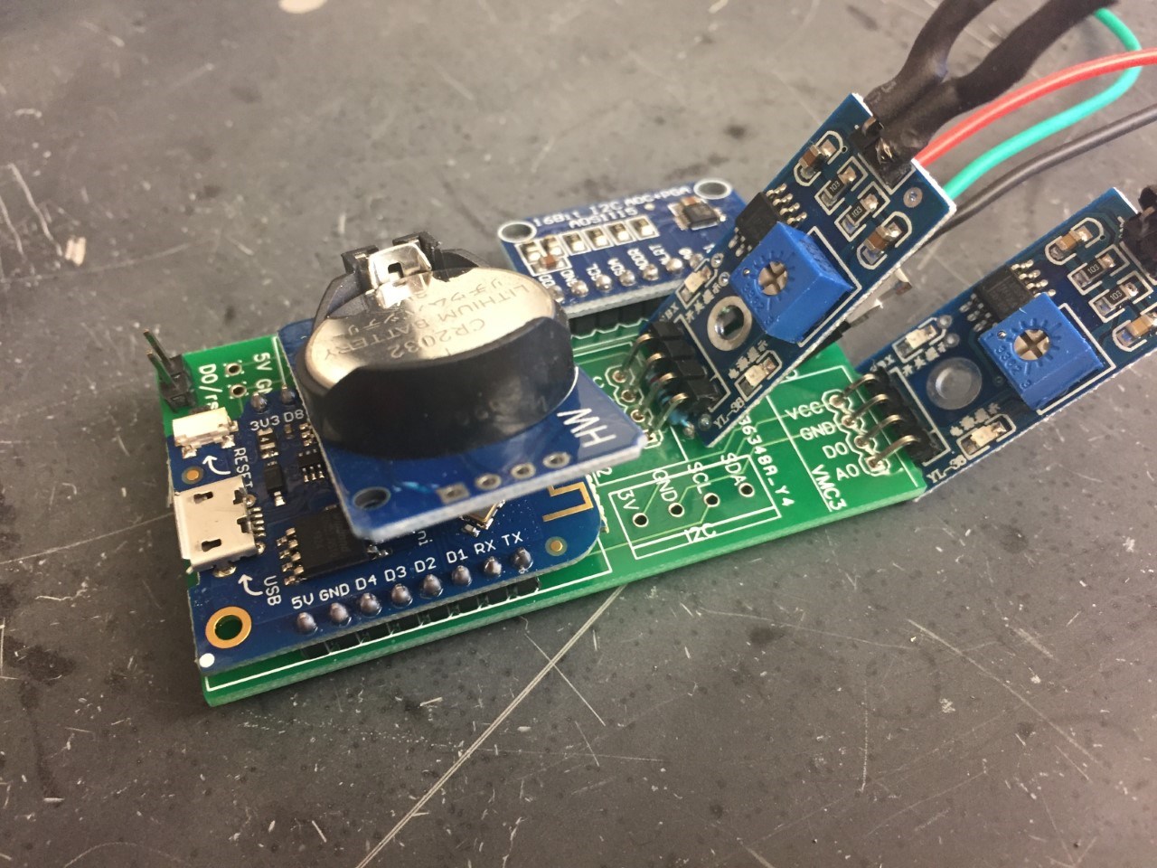 Internal view of sensor. Computer parts of s sensor that is used for the research project.